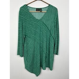 Chicos Travelers Top 2 Large Slinky Knit Green Stripe 3/4 Sleeve Asymmetric